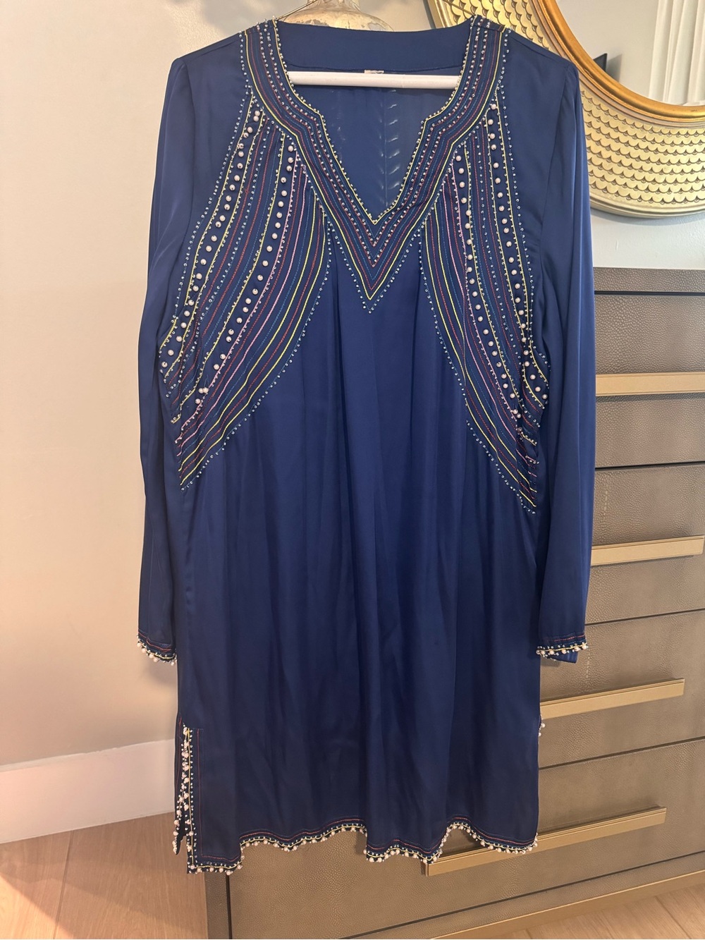 Embellished Navy Blue Long-Sleeve Women's Dress